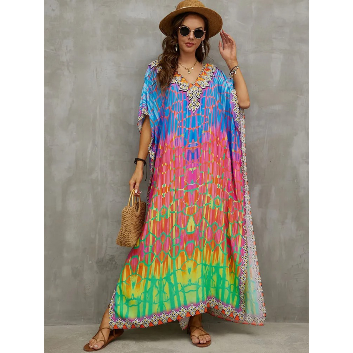 Kaftan élégant pour femmes - Couverture de plage légère et fluide à col en V pour un style estival confortable