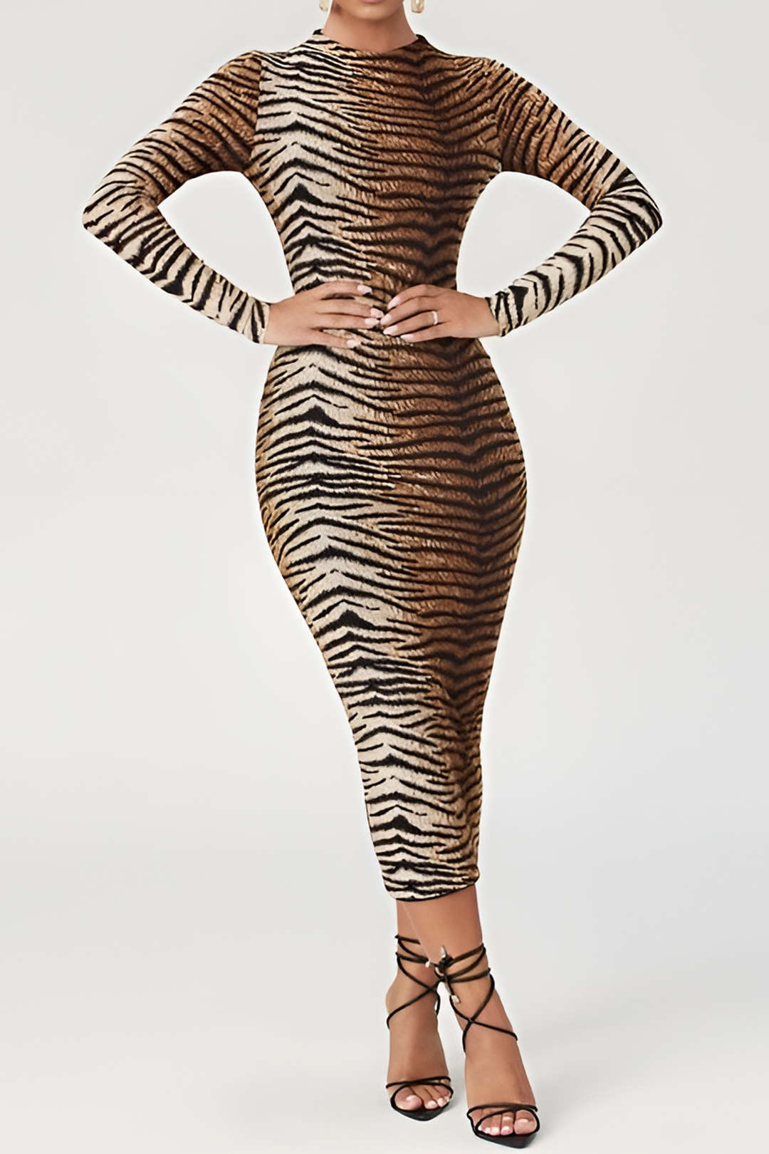 Vestido Bodycon Midi para Mujeres - Manga Larga, Cuello Alto y Estampado Animal para un Estilo Elegante