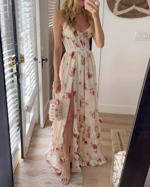 Robe longue midi élégante en dentelle florale pour femmes, parfaite pour les soirées raffinées