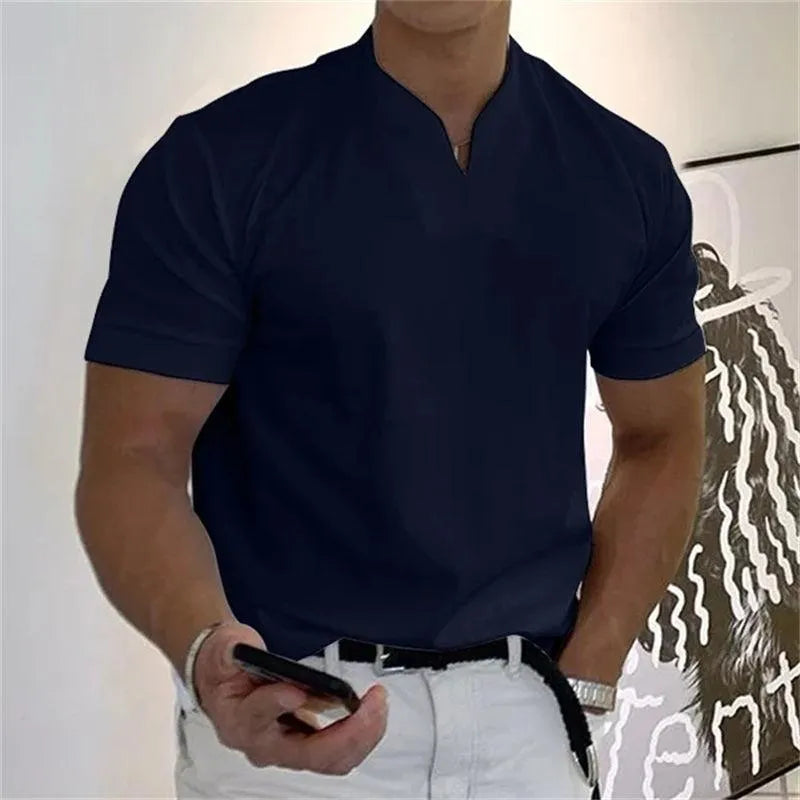 Men's Sporty Notched V-Neck T-Shirt - Short Sleeve Slim Fit Casual Top