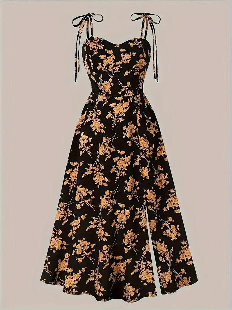 Robe midi florale à bretelles nouées pour femmes