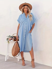 Robe midi à boutons pour femmes - Coupe décontractée - Manches courtes - Col classique - Poches latérales élégantes