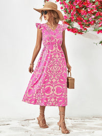 Robe féminine chic à imprimé floral avec col en V, manches capuchon volantes et ourlet asymétrique élégant en ligne A