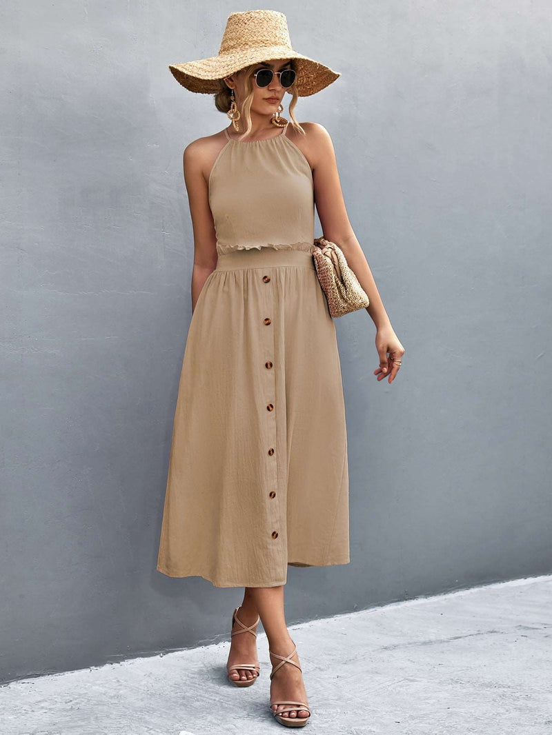 Robe midi sans manches à col halter pour femmes - Devant boutonné fluide à coupe A-line élégante