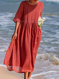 Robe décontractée en coton et lin brodée pour femmes