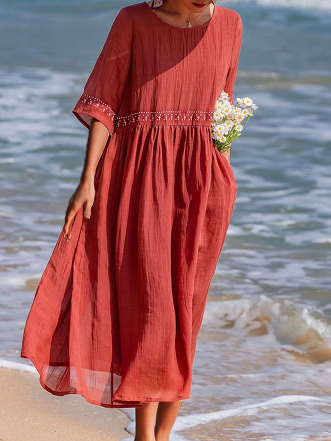 Robe décontractée en coton et lin brodée pour femmes