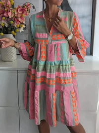 Robe Midi Boho pour Femmes - Coupe Ample - Manche Trois-Quarts - Design Géométrique Légère
