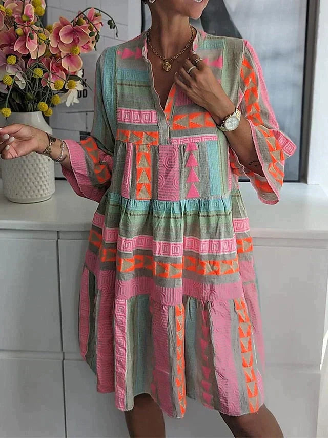 Robe Midi Boho pour Femmes - Coupe Ample - Manche Trois-Quarts - Design Géométrique Légère