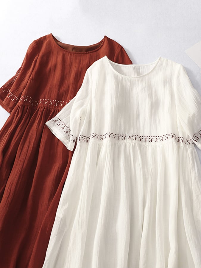Robe décontractée en coton et lin brodée pour femmes