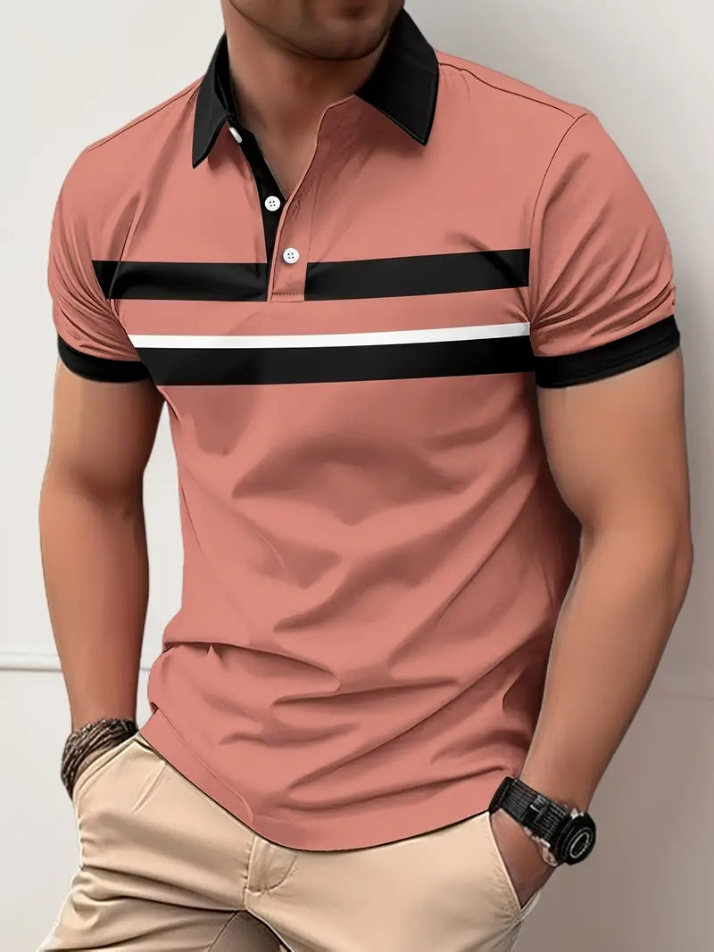 Polo classique pour hommes avec col et poignets contrastés - motifs rayés élégants sur la poitrine, coupe régulière