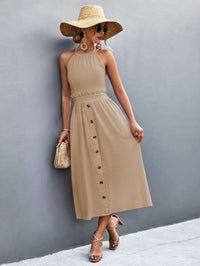 Robe midi sans manches à col halter pour femmes - Devant boutonné fluide à coupe A-line élégante