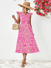 Robe féminine chic à imprimé floral avec col en V, manches capuchon volantes et ourlet asymétrique élégant en ligne A