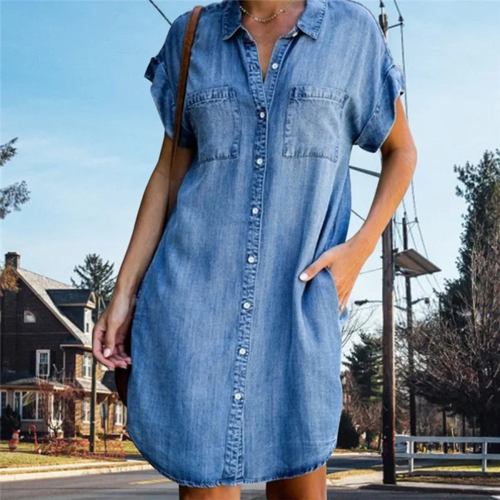 Robe chemise en denim pour femmes - boutons extérieurs - manches courtes - coupe décontractée et tendance