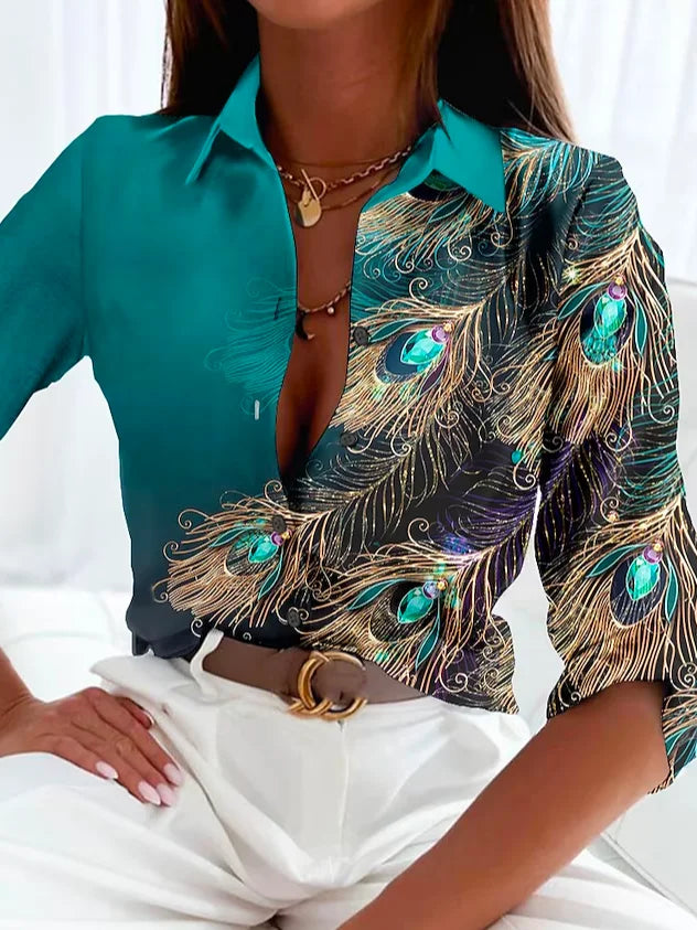 Élégant chemisier pour femmes avec un magnifique imprimé de plumes de paon - top stylé et à la mode