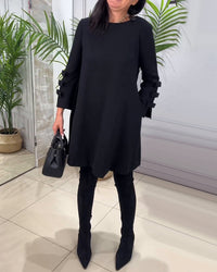 Robe Femme Élégante à Coupe A, Manches Longues avec Détail Nœud, Longueur Genoux et Col Rond