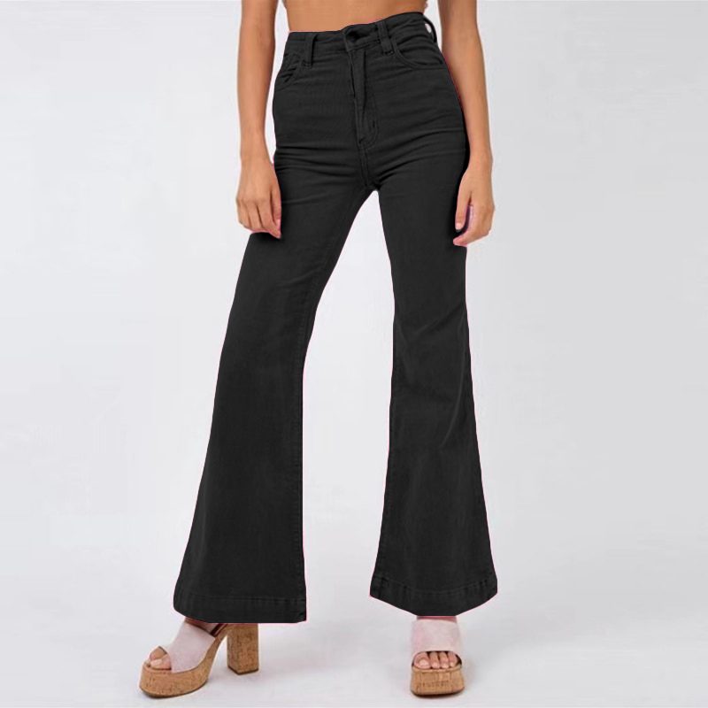 Élégant pantalon évasé en tissu pour femmes, avec taille haute et poches pratiques