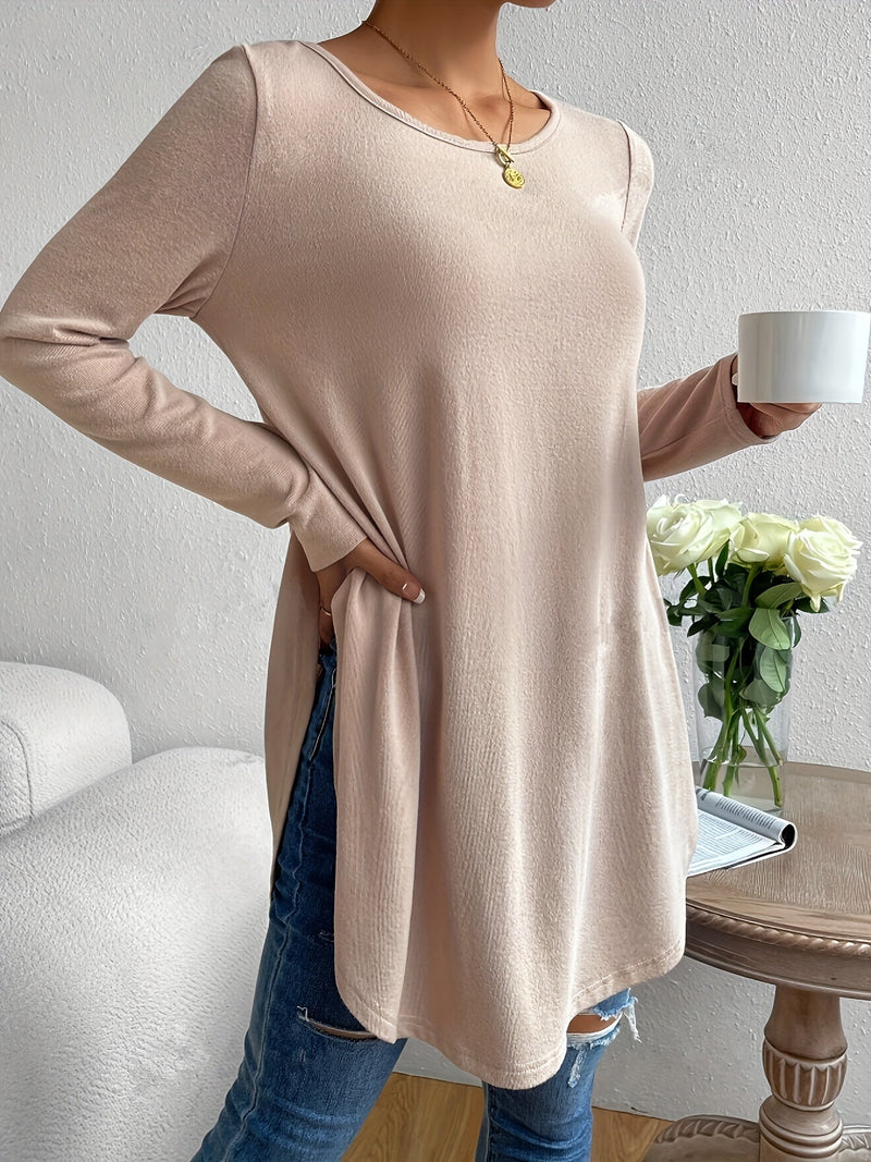 Light Beige Long Sleeve Top for Women - Stylish Casual T-Shirt with Curved Zoom