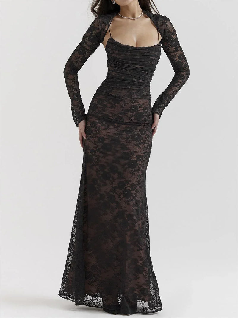 Robe longue élégante avec cordon sophistiqué et détails en dentelle - Ariella