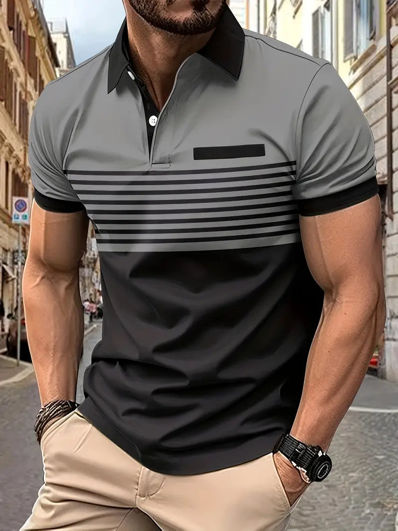 Camisa Polo Masculina - Ajuste Slim - Design Listrado - Manga Curta para Uso Casual