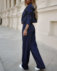 Ensemble 2 pièces élégant : blazer court rayé et pantalon large à taille haute