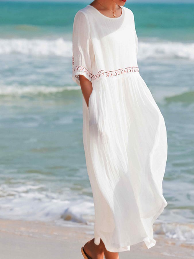 Robe décontractée en coton et lin brodée pour femmes