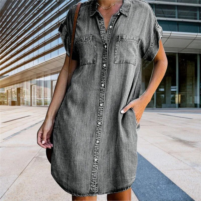 Robe chemise en denim pour femmes - boutons extérieurs - manches courtes - coupe décontractée et tendance