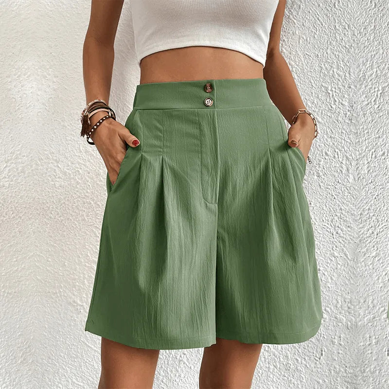 Short pour femmes à taille haute avec pliures - Tissu léger et fluide - Fermeture à bouton