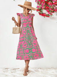 Robe féminine chic à imprimé floral avec col en V, manches capuchon volantes et ourlet asymétrique élégant en ligne A