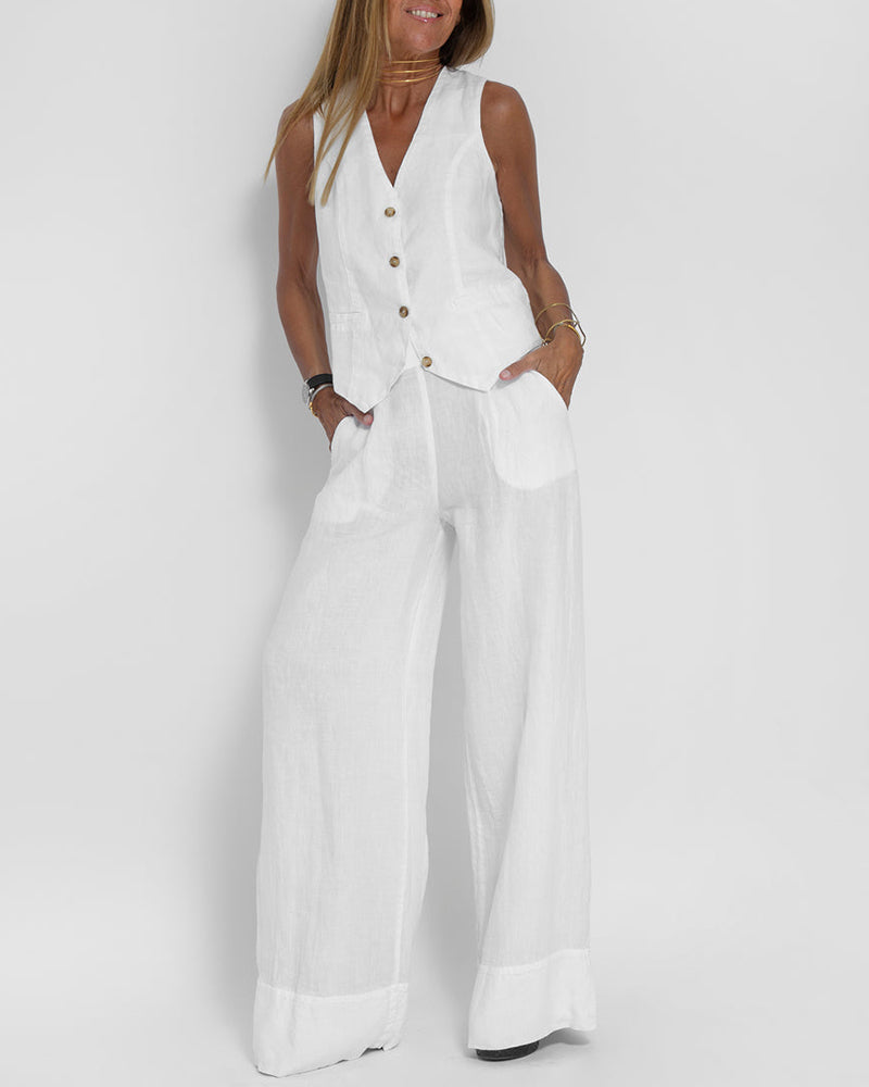 Tenue d'été élégante pour femme : pantalon large en lin 2 pièces et cardigan pour un look élégant et confortable
