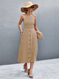 Robe midi sans manches à col halter pour femmes - Devant boutonné fluide à coupe A-line élégante