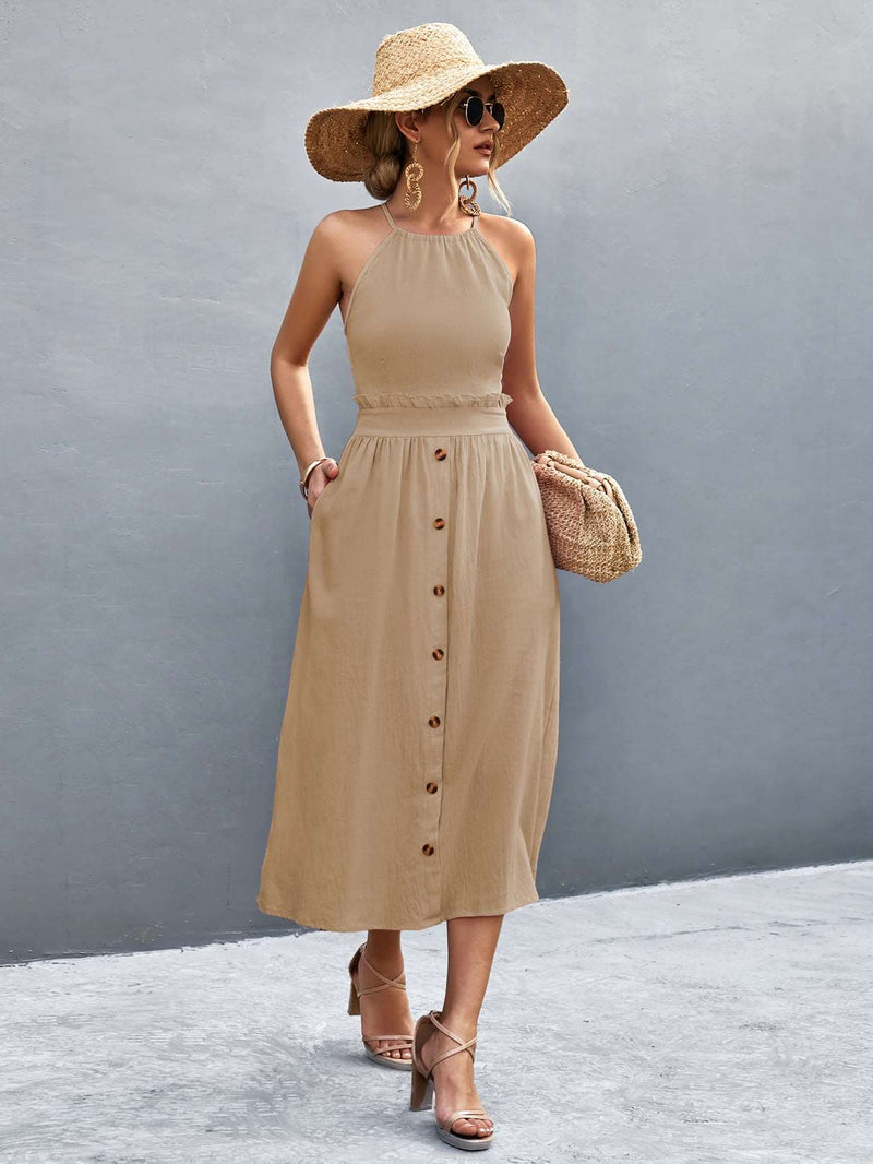Robe midi sans manches à col halter pour femmes - Devant boutonné fluide à coupe A-line élégante