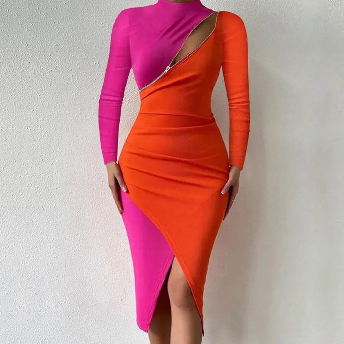 Robe Femme Bodycon Élégante avec Découpe Asymétrique, Manches Longues et Longueur Midi