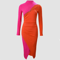 Robe Femme Bodycon Élégante avec Découpe Asymétrique, Manches Longues et Longueur Midi