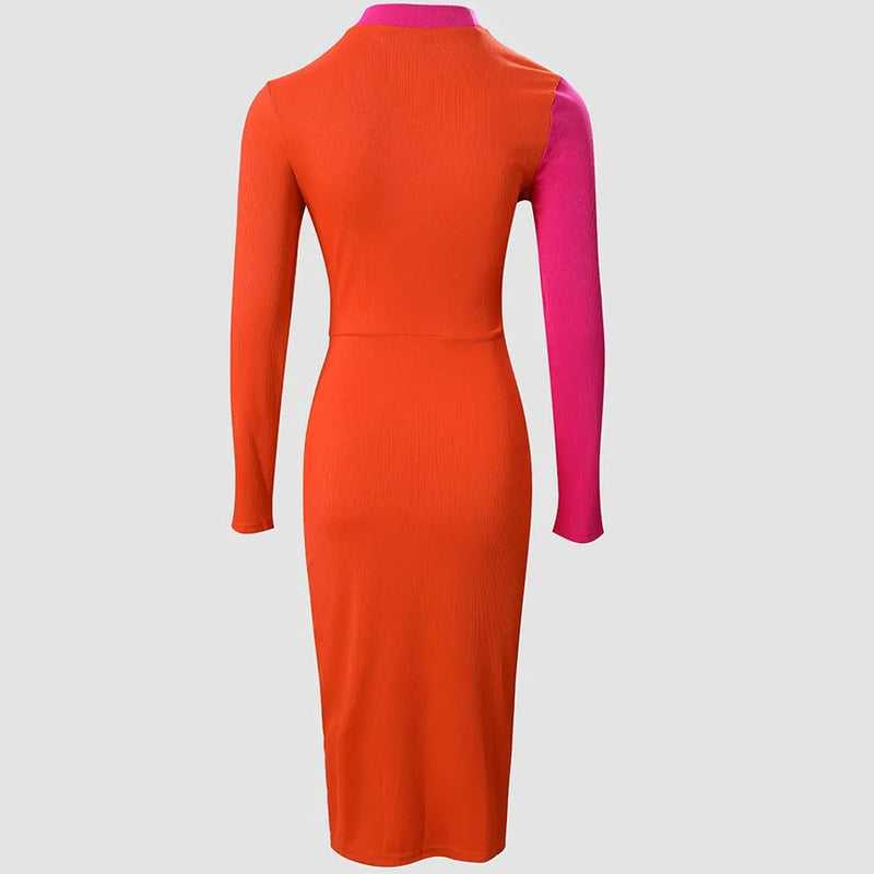Robe Femme Bodycon Élégante avec Découpe Asymétrique, Manches Longues et Longueur Midi