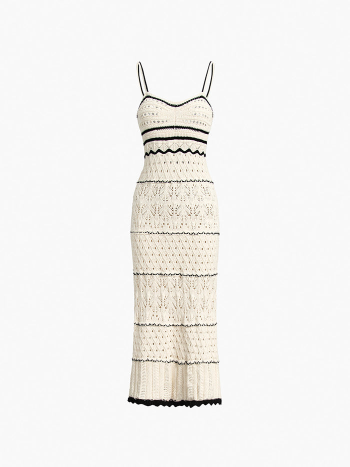 Robe midi en crochet pour femmes - Modèle à ouverture tricotée - Silhouette cintrée sans manches