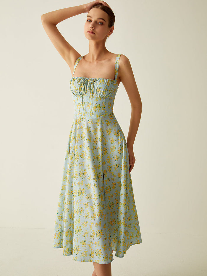 Robe Midi Floral avec Détail Fendu - Léger, Respirant et Parfait pour Toutes les Saisons