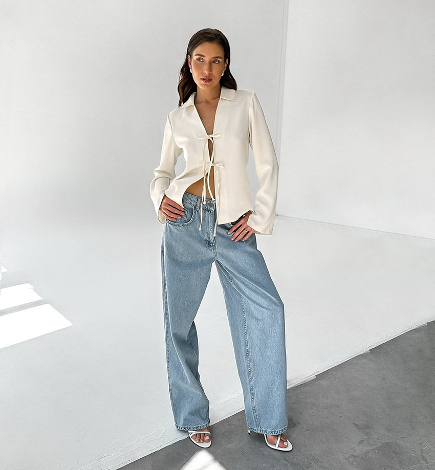 Chemisier élégant en satin pour femmes avec nœud - chemisier blanc stylé pour femmes