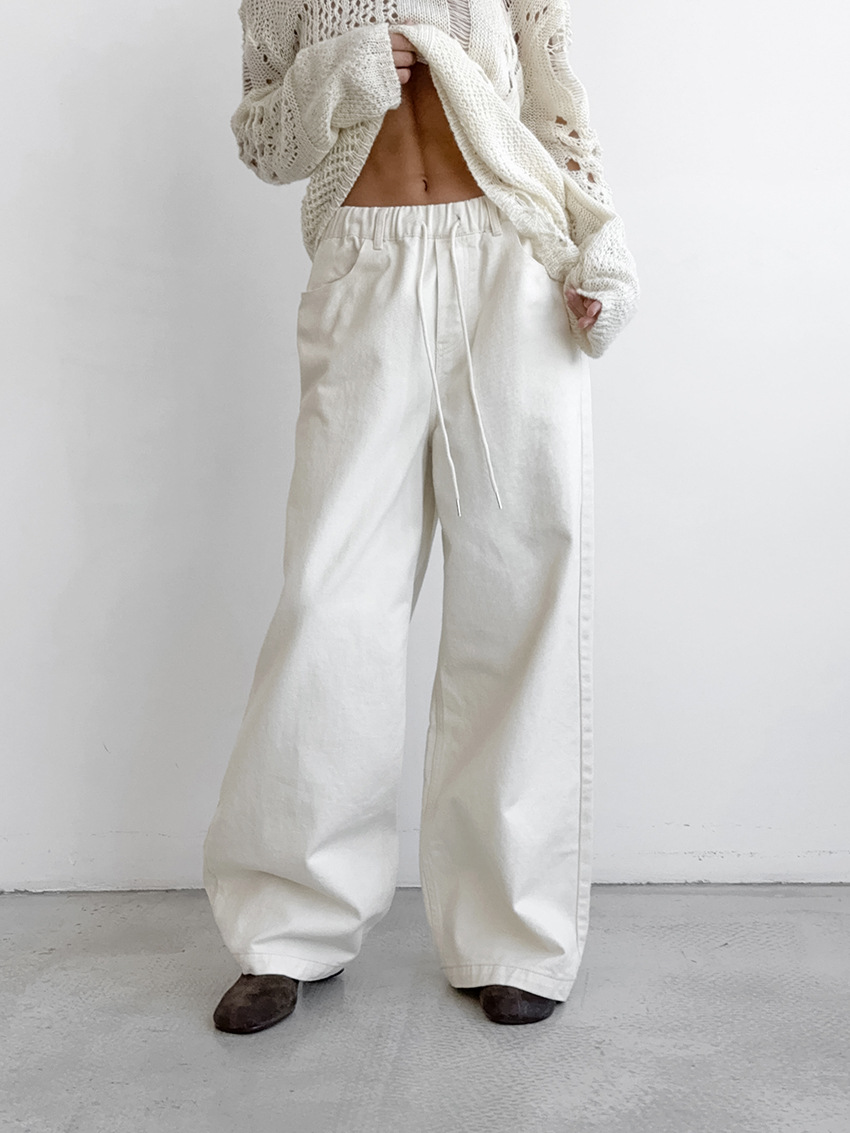 Pantalon large à taille haute pour femmes - coton mélangé confortable en blanc pour un look chic et décontracté