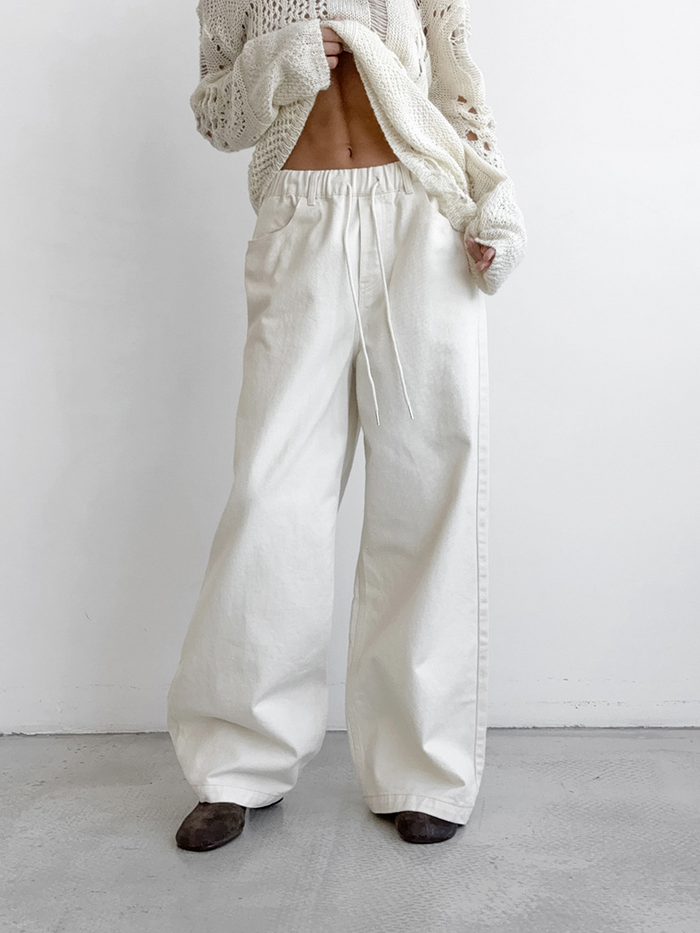 Pantalon large à taille haute pour femmes - coton mélangé confortable en blanc pour un look chic et décontracté