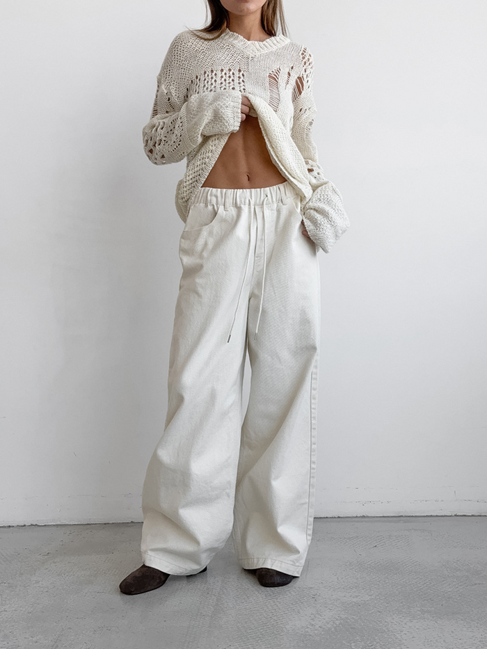 Pantalon large à taille haute pour femmes - coton mélangé confortable en blanc pour un look chic et décontracté