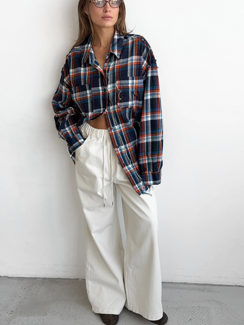 Pantalon large à taille haute pour femmes - coton mélangé confortable en blanc pour un look chic et décontracté