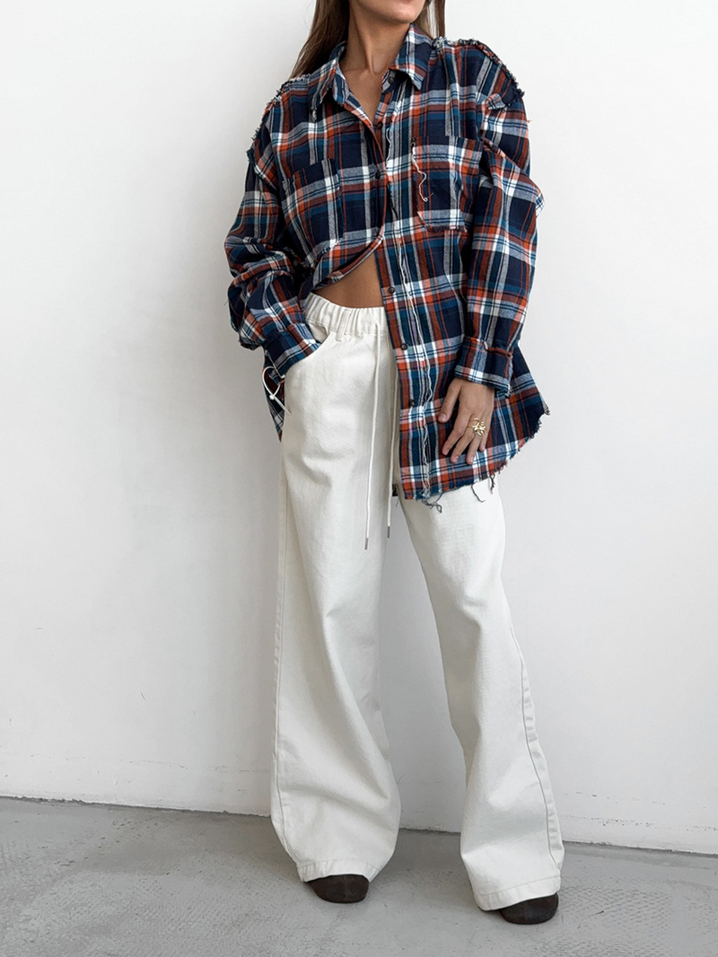 Pantalon large à taille haute pour femmes - coton mélangé confortable en blanc pour un look chic et décontracté