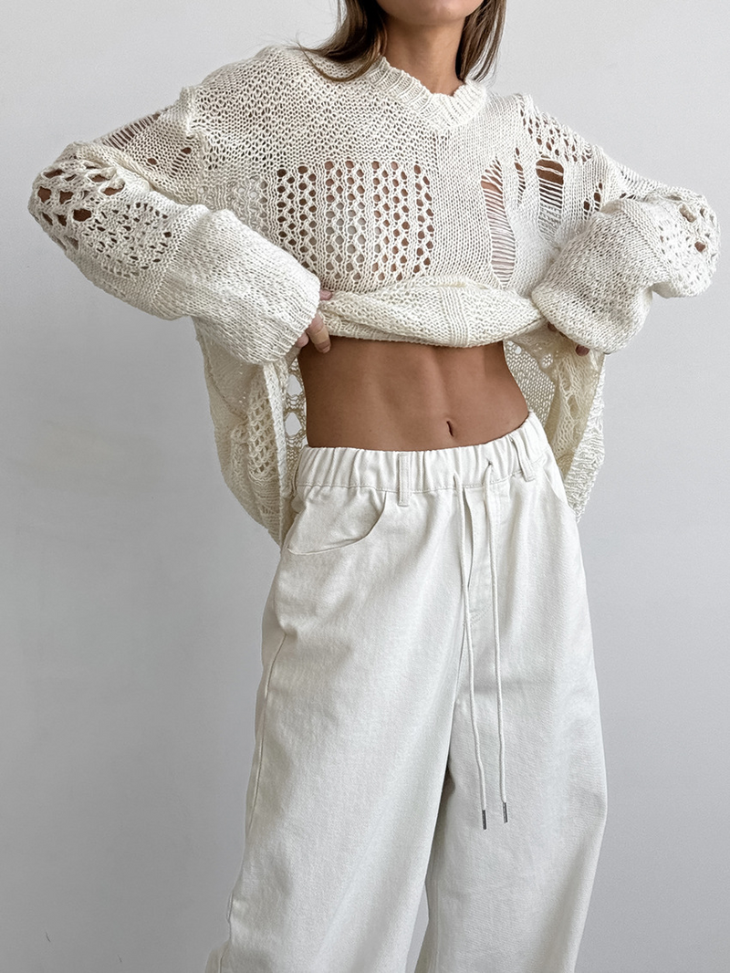 Pantalon large à taille haute pour femmes - coton mélangé confortable en blanc pour un look chic et décontracté