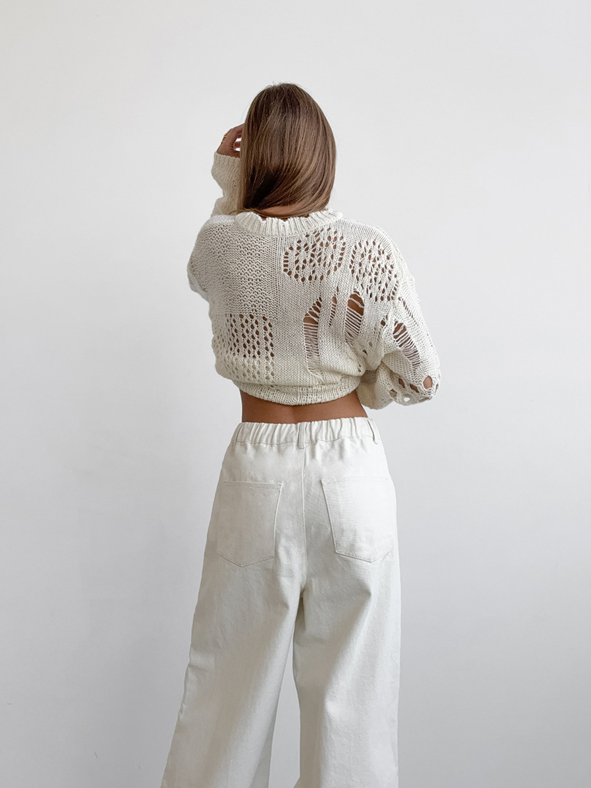 Pantalon large à taille haute pour femmes - coton mélangé confortable en blanc pour un look chic et décontracté
