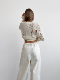 Pantalon large à taille haute pour femmes - coton mélangé confortable en blanc pour un look chic et décontracté