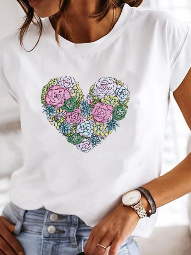 T-shirt décontracté pour dames avec motif en forme de cœur - Tissus doux et confortables pour une utilisation quotidienne et élégante