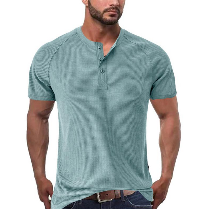 Chemise Henley classique en tricot gaufré pour hommes - manches courtes, confort respirant, coupe régulière