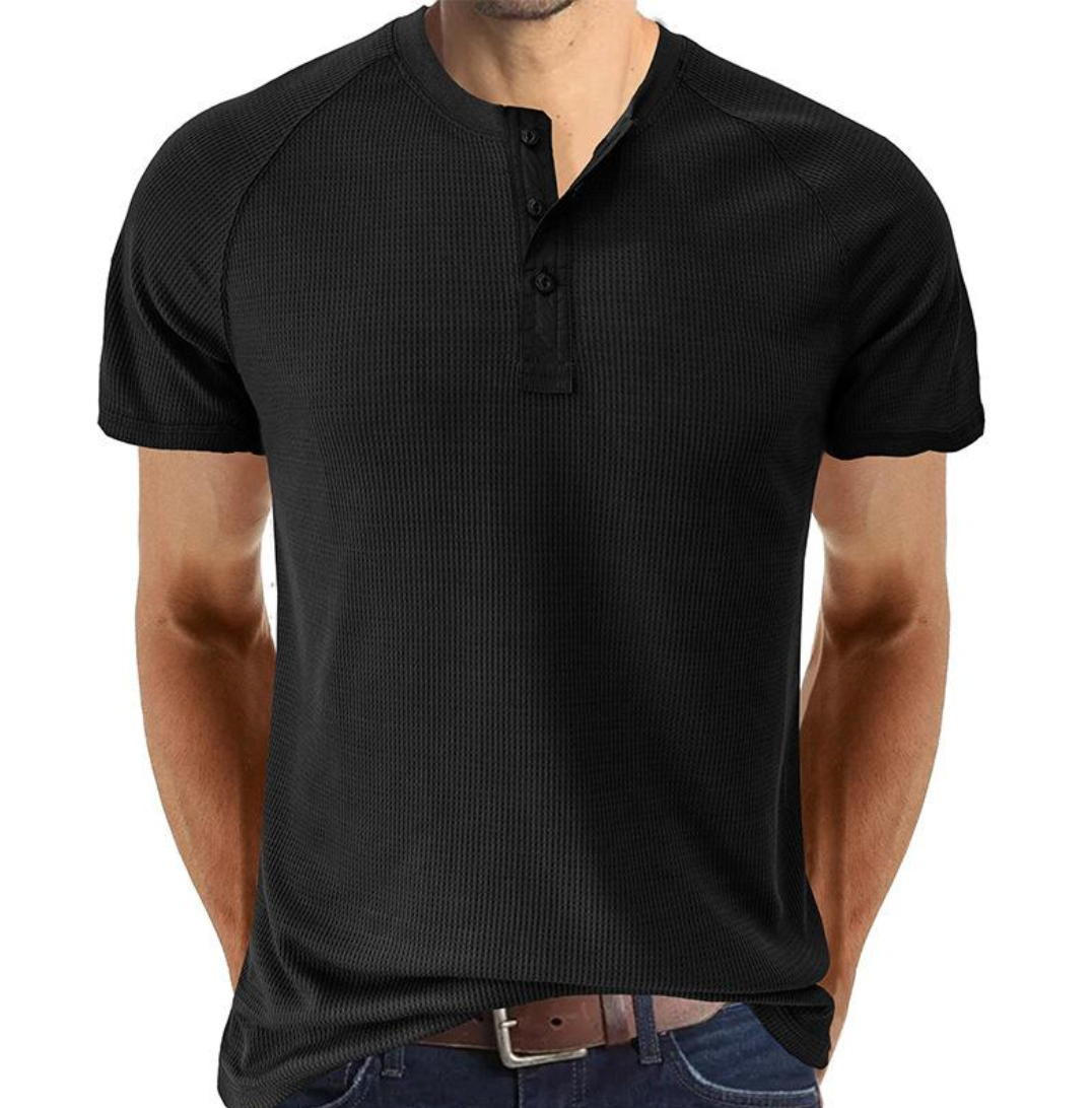 Chemise Henley classique en tricot gaufré pour hommes - manches courtes, confort respirant, coupe régulière