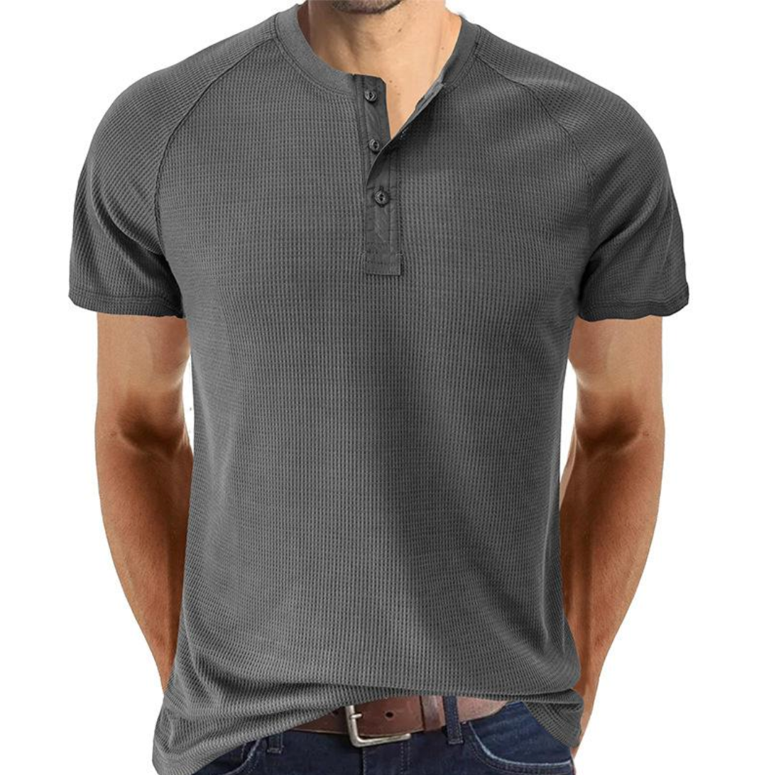 Chemise Henley classique en tricot gaufré pour hommes - manches courtes, confort respirant, coupe régulière