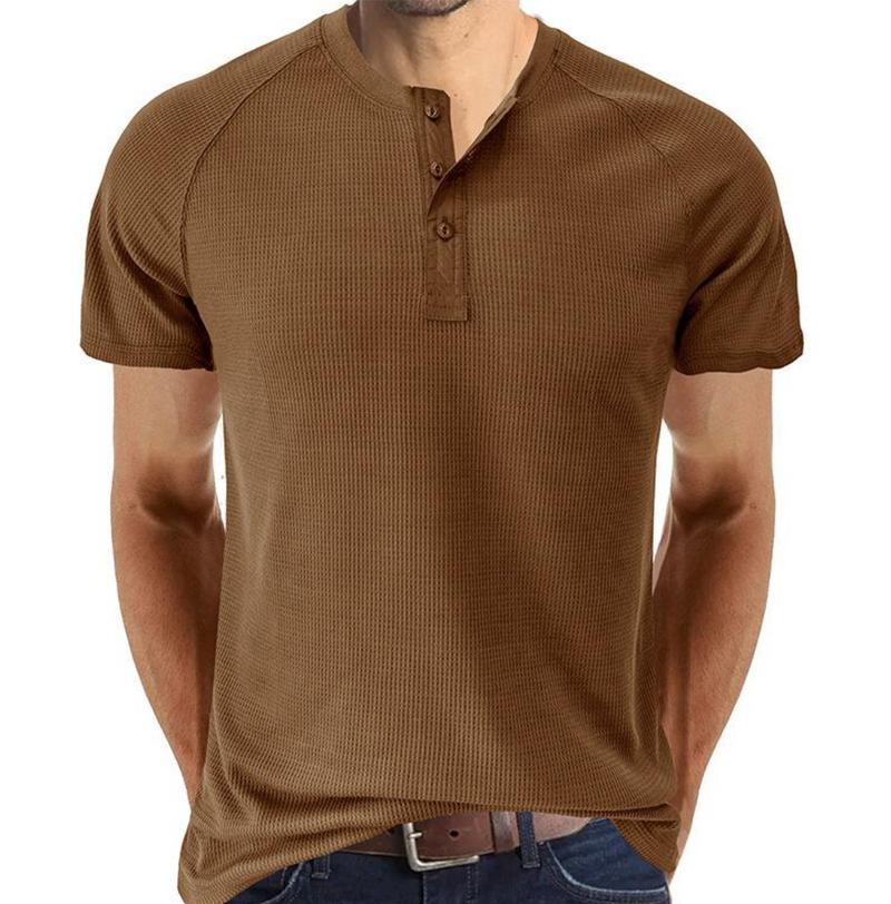 Chemise Henley classique en tricot gaufré pour hommes - manches courtes, confort respirant, coupe régulière